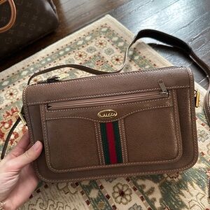 Gucci Brown Leather Crossbody with Green and Red Web Stripe